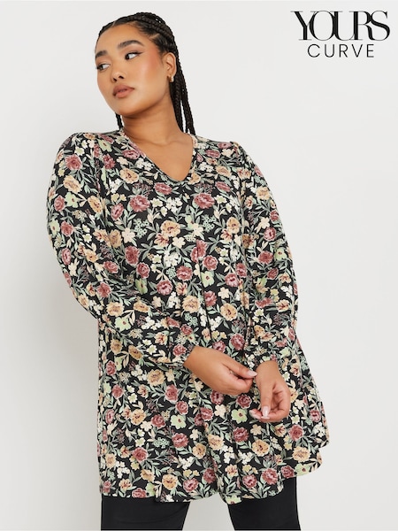 Yours Curve Floral Print Pleated Front Swing Top (AR6608) | €43