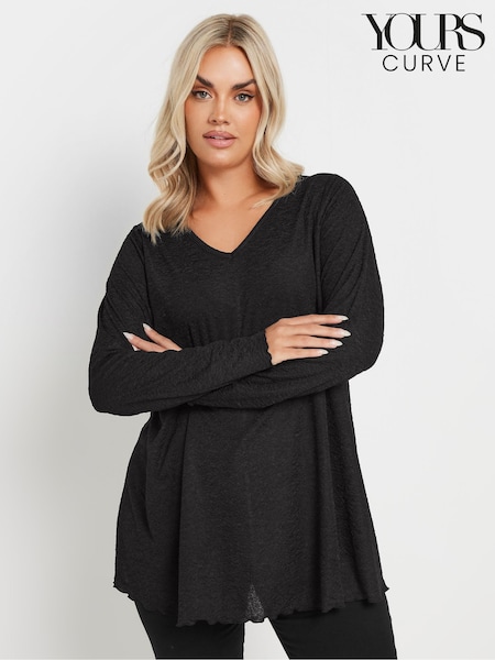 Yours Curve Black Long Sleeve Textured V-Neck Top (AR6619) | €34