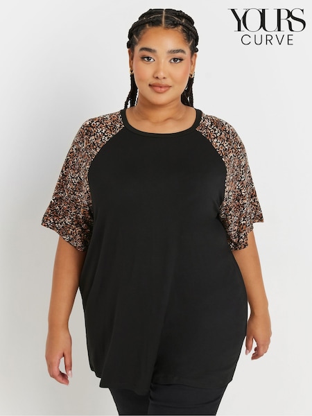 Yours Curve Contrast Leopard Print Sleeve T-Shirt (AR6652) | 34 €
