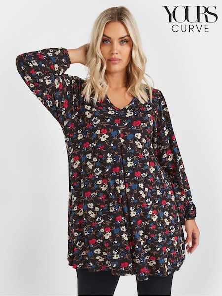 Yours Curve Black Floral Print Pleat Front Top (AR6690) | AED169