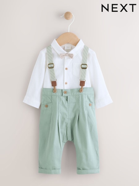 Sage Green Baby 100% Cotton Shirt Trousers and Braces Set 4 Piece (0mths-2yrs) (AR6783) | €36 - €39