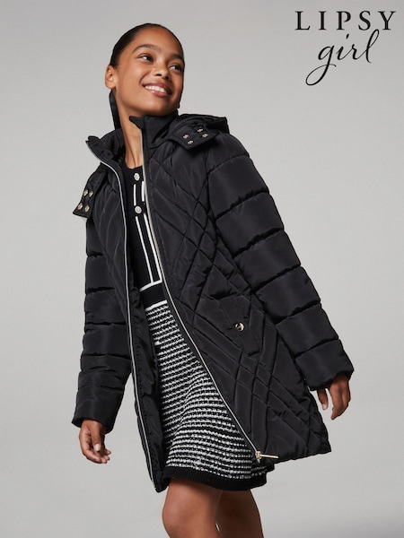 Lipsy Black Shower Resistant Midweight Longline Padded Coat (5-16yrs) (AR6788) | €56 - €66