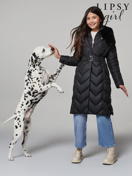 Lipsy Black Shower Resistant Midweight Longline Quilted Belted Puffer Coat (5-16yrs) (AR6794) | €87 - €98