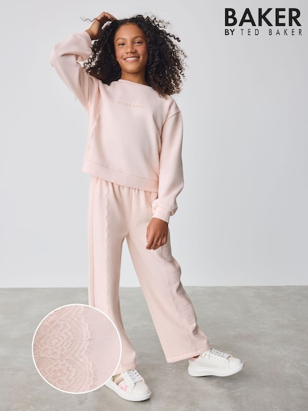 Baker by Ted Baker Pink Lace Trim Wide Leg Sweat & Joggers Set 2 Piece (AR6852) | 313 LEI - 350 LEI