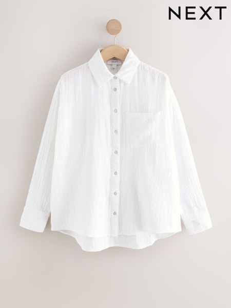 White Long Sleeve Doublecloth Textured 100% Cotton Shirt (AR6853) | $49