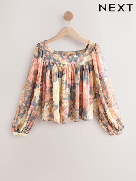 Light Pink Vintage Floral Print - Square Neck Blouse (AR6868) | ‏127‏₪