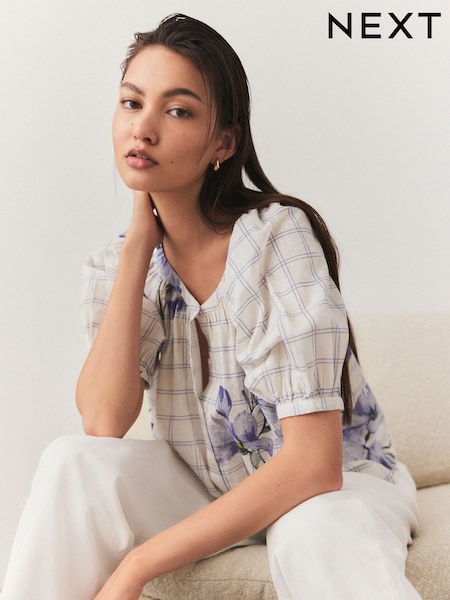 Purple Floral and Check Print Floral Embroidered Puff Short Sleeve 100% Cotton Top (AR6871) | ₪87