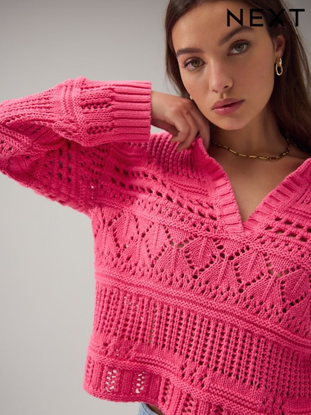 Bright Pink Cotton Stitch Long Sleeve V-Neck Jumper (AR6879) | R$ 315