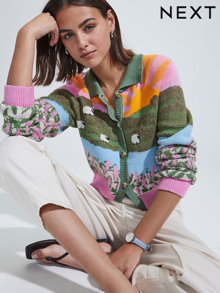 Multicolorido brilhante - Landscape Scene Print Collar Button Through Cardigan (AR6888) | R$ 420