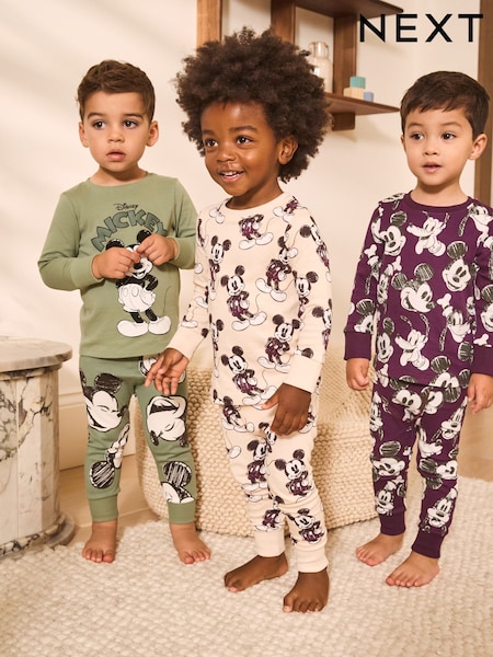Green/Ecru Mickey Mouse License Snuggle Pyjamas 3 Pack (9mths-10yrs) (AR6908) | 173 QAR - 203 QAR