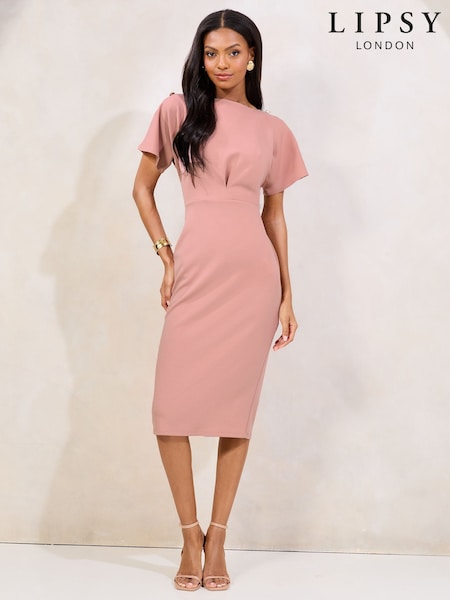 Pink Blouson Button Detail Bodycon Midi Dress (AR6948) | 223 QAR