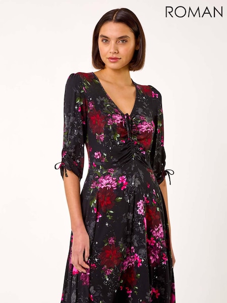 Roman Red Floral Print Gathered Stretch Dress (AR7244) | €66