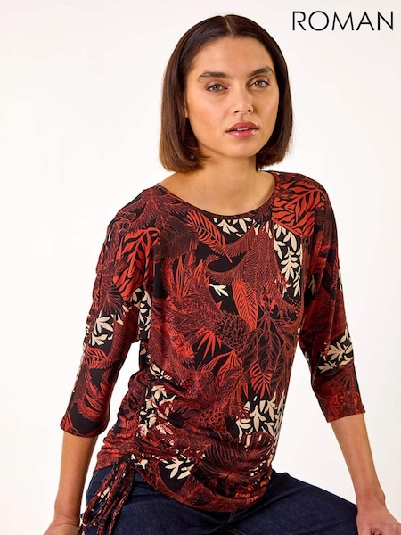 Roman Orange Leaf Print Side Tie Stretch Top (AR7246) | €49