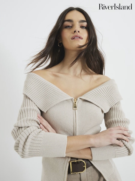 River Island Cream Bardot Jumper with Zip (AR7247) | $66