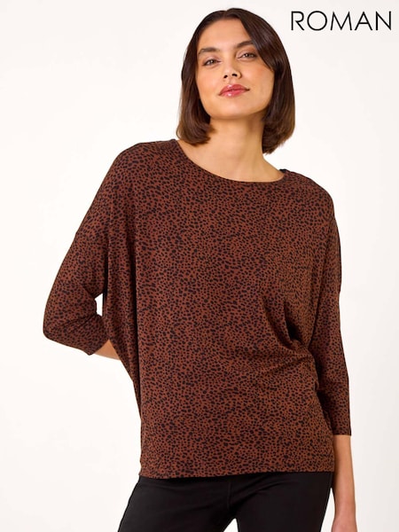 Roman Brown Animal Print Drop Shoulder Top (AR7252) | $77