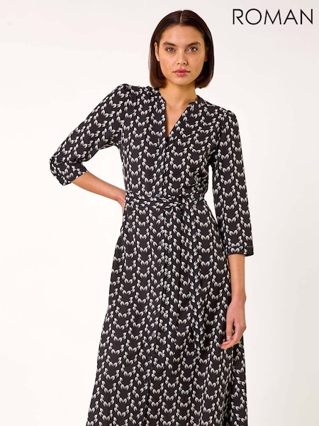 Roman Black Leaf Print Midi Shirt Dress (AR7254) | €69
