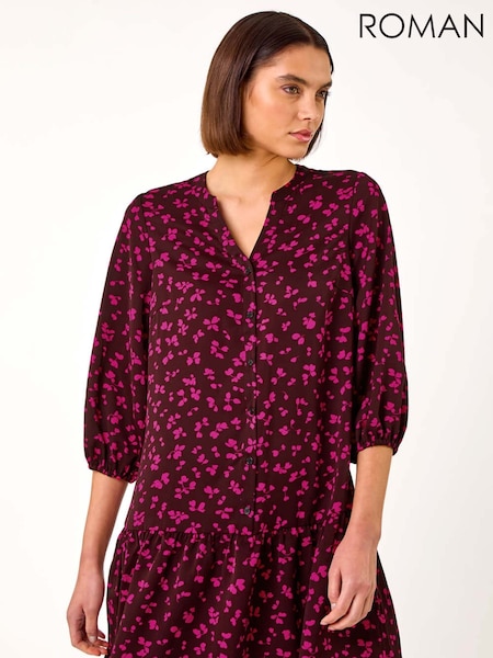 Roman Red Floral Print Abstract Frill Shirt Dress (AR7277) | € 70