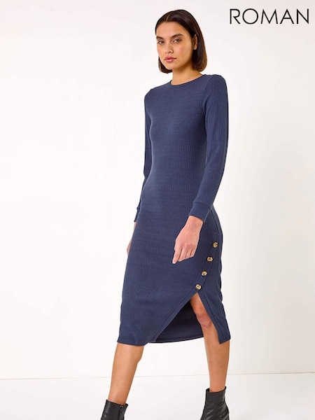 Roman Blue Ribbed Button Detail Midi Dress (AR7280) | €63