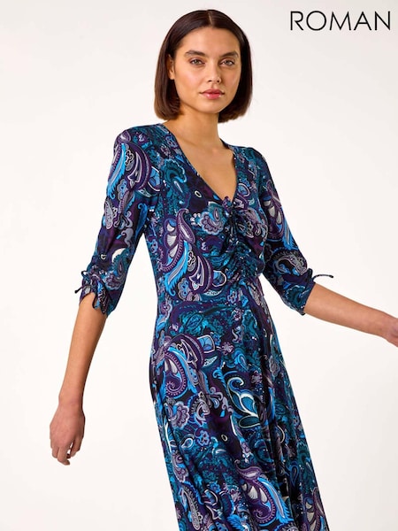 Roman Blue Paisley Gathered Stretch Dress (AR7284) | €72