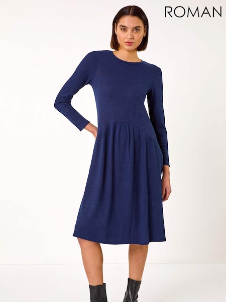 Roman Blue Ribbed Drop Waist Stretch Midi Dress (AR7285) | R$ 605