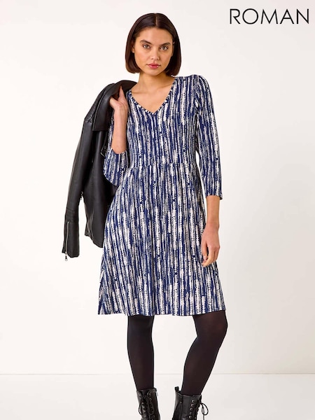 Roman Blue Tie Dye Button Detail V-Neck Dress (AR7287) | R$ 545