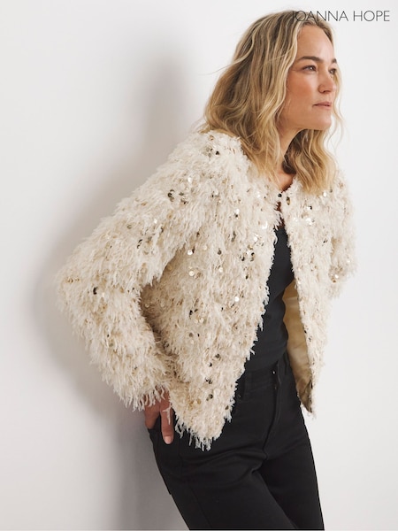 Joanna Hope Faux Feather Sequin White Jacket (AR7321) | €108