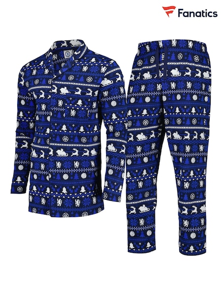 Fanatics Blue Chelsea Christmas Button Through Fairisle 100% Cotton Pyjamas (AR7331) | ‏99 ر.ق.