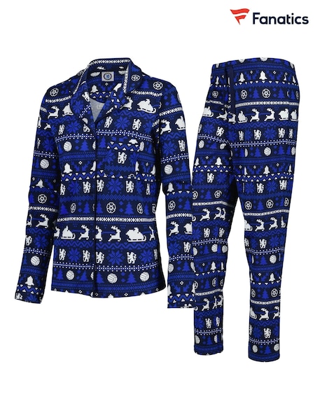 Fanatics Womens Blue Chelsea Christmas Button Through Fairisle 100% Cotton Pyjamas (AR7337) | €26