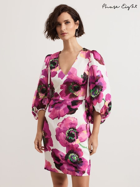 Phase Eight Black Fiona Floral Print Puff Sleeeve Dress (AR7378) | OMR86