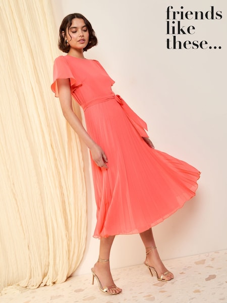 Friends Like These Coral Pink Angel Sleeve Chiffon Pleat Midi Dress (AR7408) | 3,905 UAH