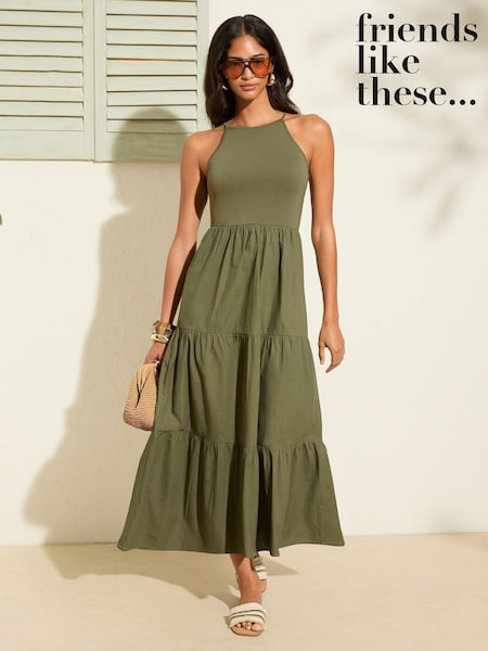 Friends Like These Khaki Green 2 in 1 Cotton Mix Racer Tiered Midi Dress (AR7413) | € 56