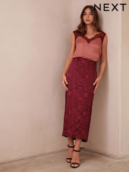 Burgundy Red Satin Jacquard Midi Sarong Skirt (AR7428) | €45