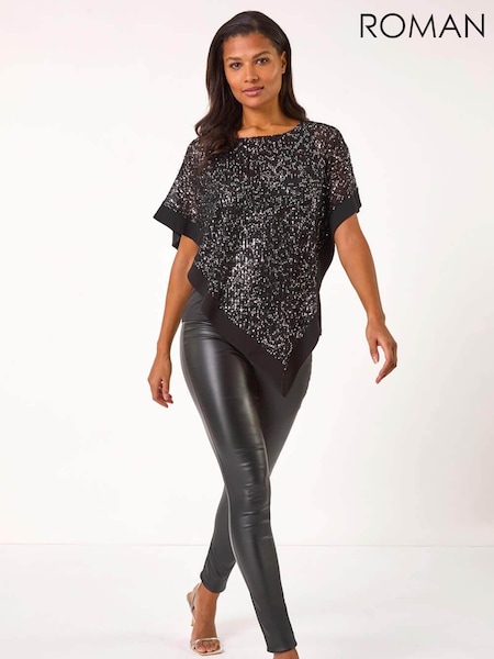 Roman Black Sequin Overlay Stretch Tunic Top (AR7716) | $124