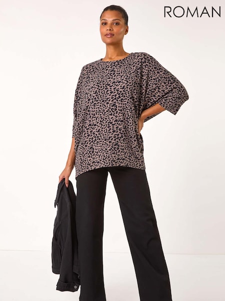 Roman Brown Animal Print Batwing Stretch Top (AR7729) | €48