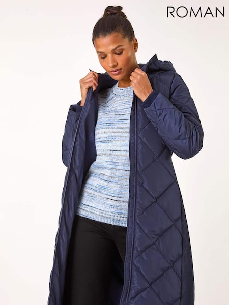 Albastru - Roman Longline Diamond Quilt Cu glugă Coat (AR7737) | 819 LEI