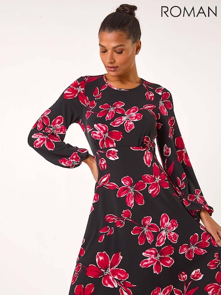 Roman Floral Print Tea Stretch Dress (AR7749) | R$ 580