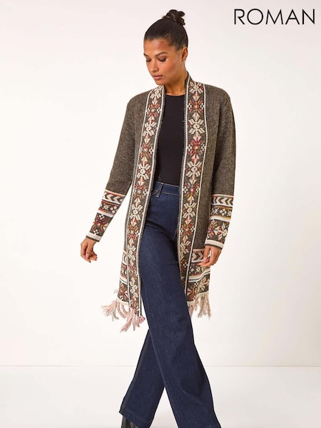 Vihreä - Roman Nordic Pattern Fringe Hem Cardigan (AR7756) | €87