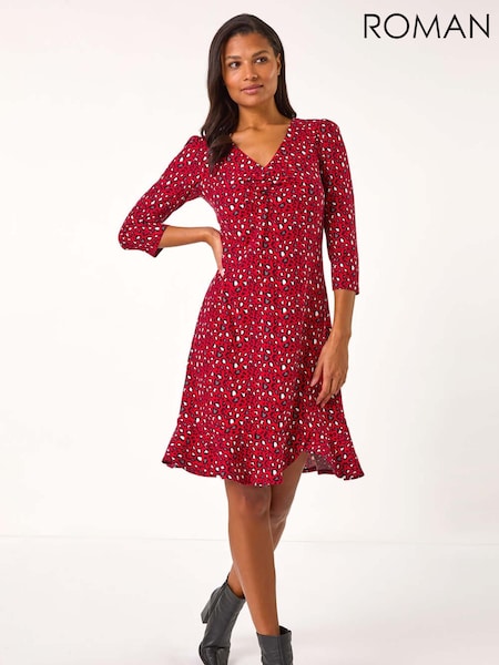 Roman Red Animal Print V-Neck Ruched Stretch Dress (AR7758) | €64