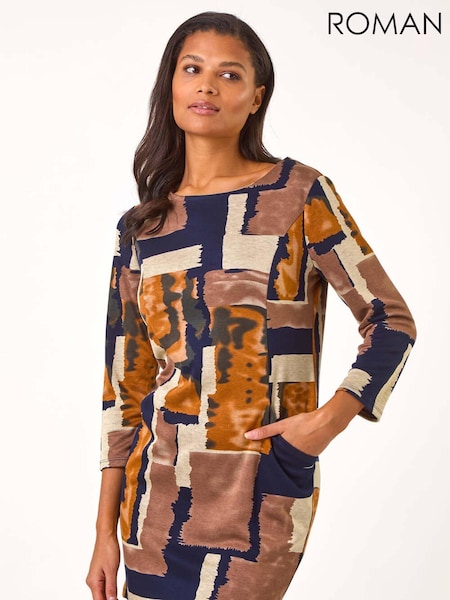 Amarelo - Roman Geometric Print Pocket Shift Dress (AR7759) | R$ 605