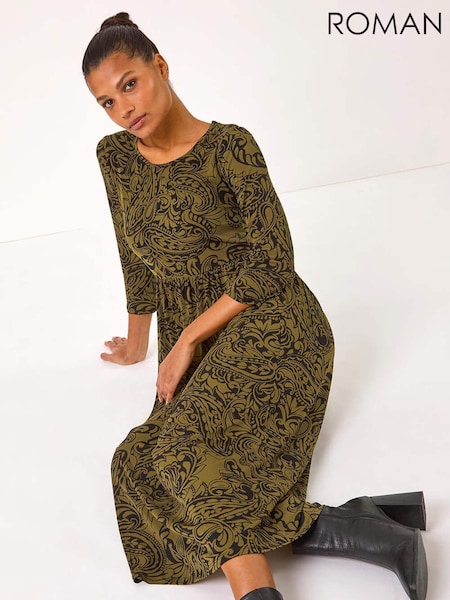 Roman Green Paisley Print Gathered Stretch Midi Dress (AR7760) | €60