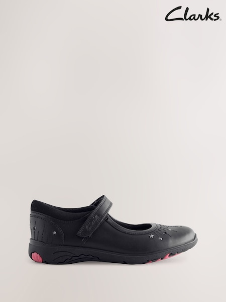 Clarks Black Leather Standard Fit (F) Younger Girls Relda Wish Mary Jane Shoes (AR8143) | €64 - €66