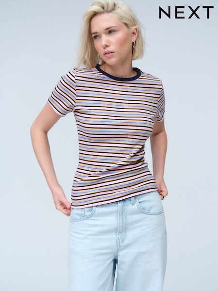 Burgundy/Ecru Short Sleeve Contrast Neckline Striped Crew Neck T-Shirt (AR8729) | R$ 140