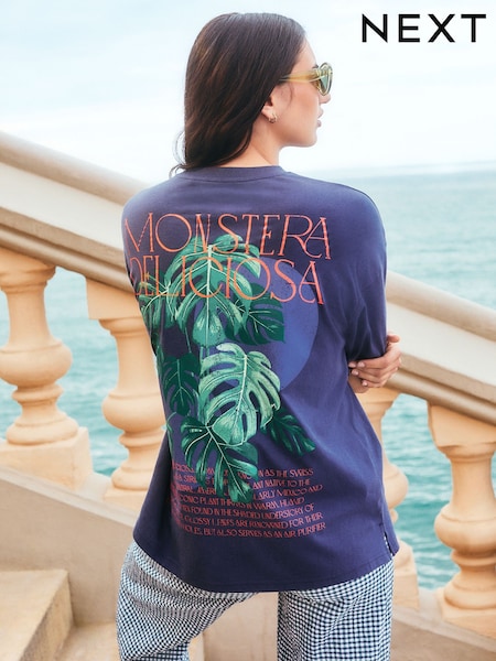 Navy Oversize Short Sleeve Back Graphic Print with Front Embroidery Crew Neck T-Shirt (AR8732) | €23
