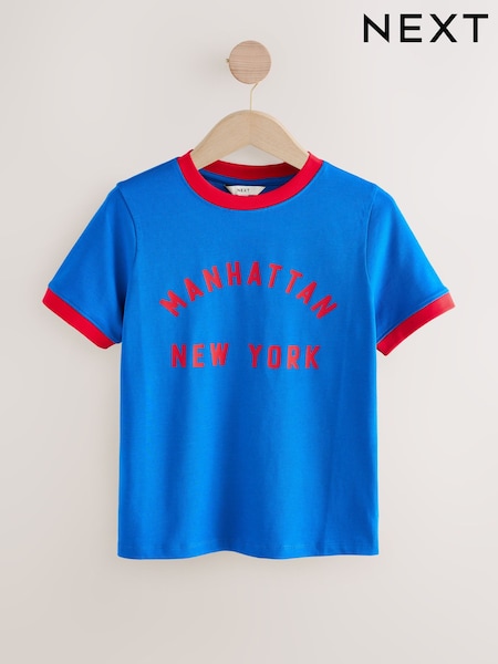 Синий кобальт - Short Sleeve Crewneck Graphic Print Contrast Ringer T-Shirt (AR8740) | €18