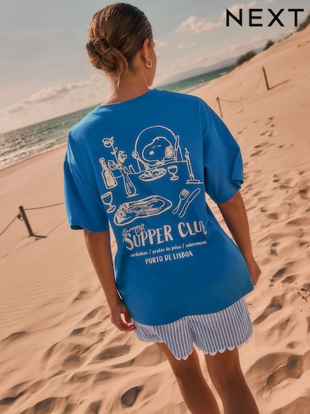 Blue Offical Snoopy License Dinner Scene Graphic Print Short Sleeve Crew Neck T-Shirt (AR8741) | €28