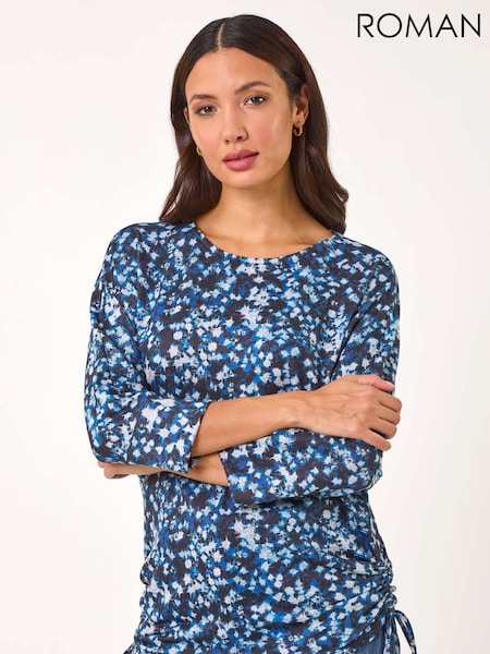 Roman Blue Abstract Print Side Tie Ruched Top (AR8772) | €60