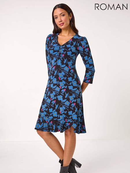Roman Black Floral Print V-Neck Ruched Dress (AR8774) | R$ 580