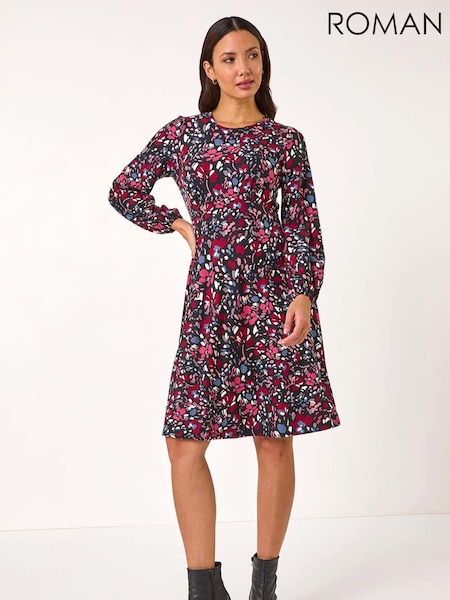 Roman Pink Floral Print Ruched Stretch Dress (AR8780) | R$ 580