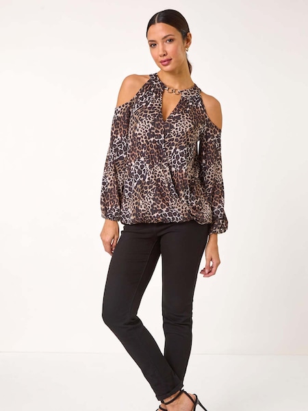 Roman Brown Animal Print Cold Shoulder Stretch Top (AR8783) | AED306