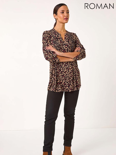 Roman Brown Leaf Print Pintuck Pleat Tunics (AR8784) | R$ 510